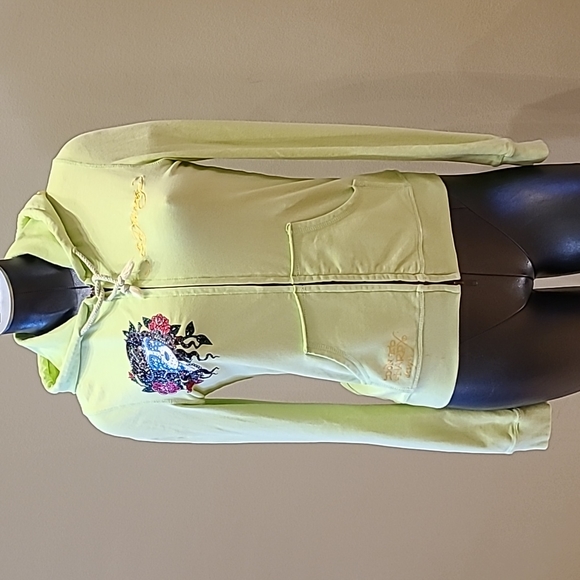 Ed Hardy Tops - Ed Hardy light lime cotton sweatshirt with gorgeous embellishments Size M